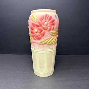 Fenton Burmese Satin Embossed Vase – Hand-Painted by Debbie Cutshaw – 9.5” – UV Reactive – Vintage Collectible
