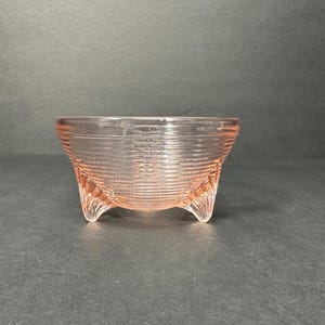 Vintage Akro Agate Concentric Ring Powder Jar #760 Type II in Transparent Pink Glass, 3.5” Diameter