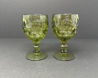 Pair of Vintage Imperial Glass Thumbprint Goblets in Provincial Green – 5.75” Set of 2 – 6 Pairs Available