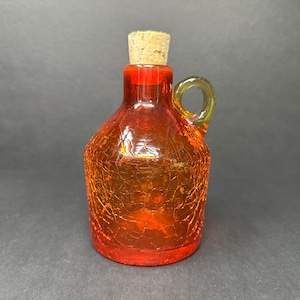Vintage Rainbow Art Glass 327 Crackle Glass Small  Moonshine Jug with UV Reactive Rim & Handle, Tangerine Orange Glass Bottle, 5.75” T- Rare