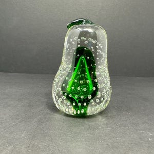 Hand Blown Glass Pear Paperweight, 3.75” Green Bubble Art Glass, Unique Desk Decor, Collectible Glass Paperweight, Gift for Home Office