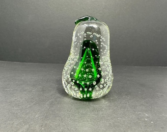 Hand Blown Glass Pear Paperweight, 3.75” Green Bubble Art Glass, Unique Desk Decor, Collectible Glass Paperweight, Gift for Home Office