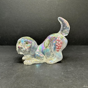 Fenton Clear Opalescent Iridescent Playful Puppy Figurine, Hand Painted by Su Lu Smith, Rare Signed Collectible, Excellent Condition