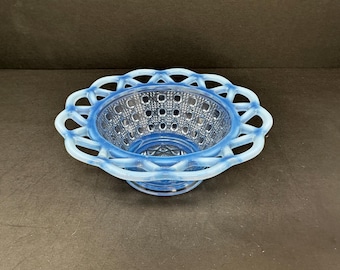 Vintage Imperial Glass Katy Blue Bowl - 6” Lace Edge Decorative Glass Dish - Retro Blue Pressed Glass Centerpiece - Collectible Gift Piece