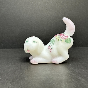 Fenton 95th Anniversary Satin Glass Playful Puppy, Hand Painted by Jeanne Cutshaw, 4” Long, Signed Collectible, Excellent Condition