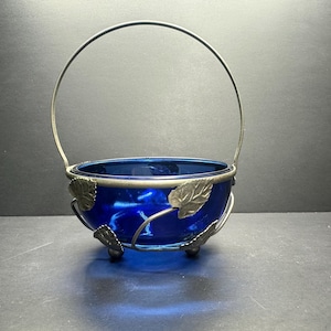 Vintage Cobalt Blue Glass Bowl in Metal Cradle with Handle - Made in England
