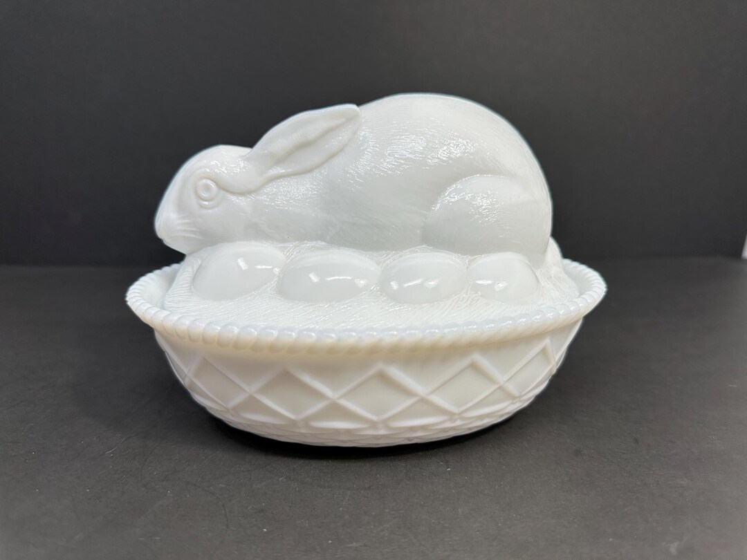 Authentic Westmoreland Milk Glass Bunny on Nest Covered Dish, 7.5 Long ...