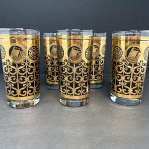 Set of 6 Libbey Black and Gold Rock of Gibraltar Highball Tumblers – 1965 Prudential Anniversary