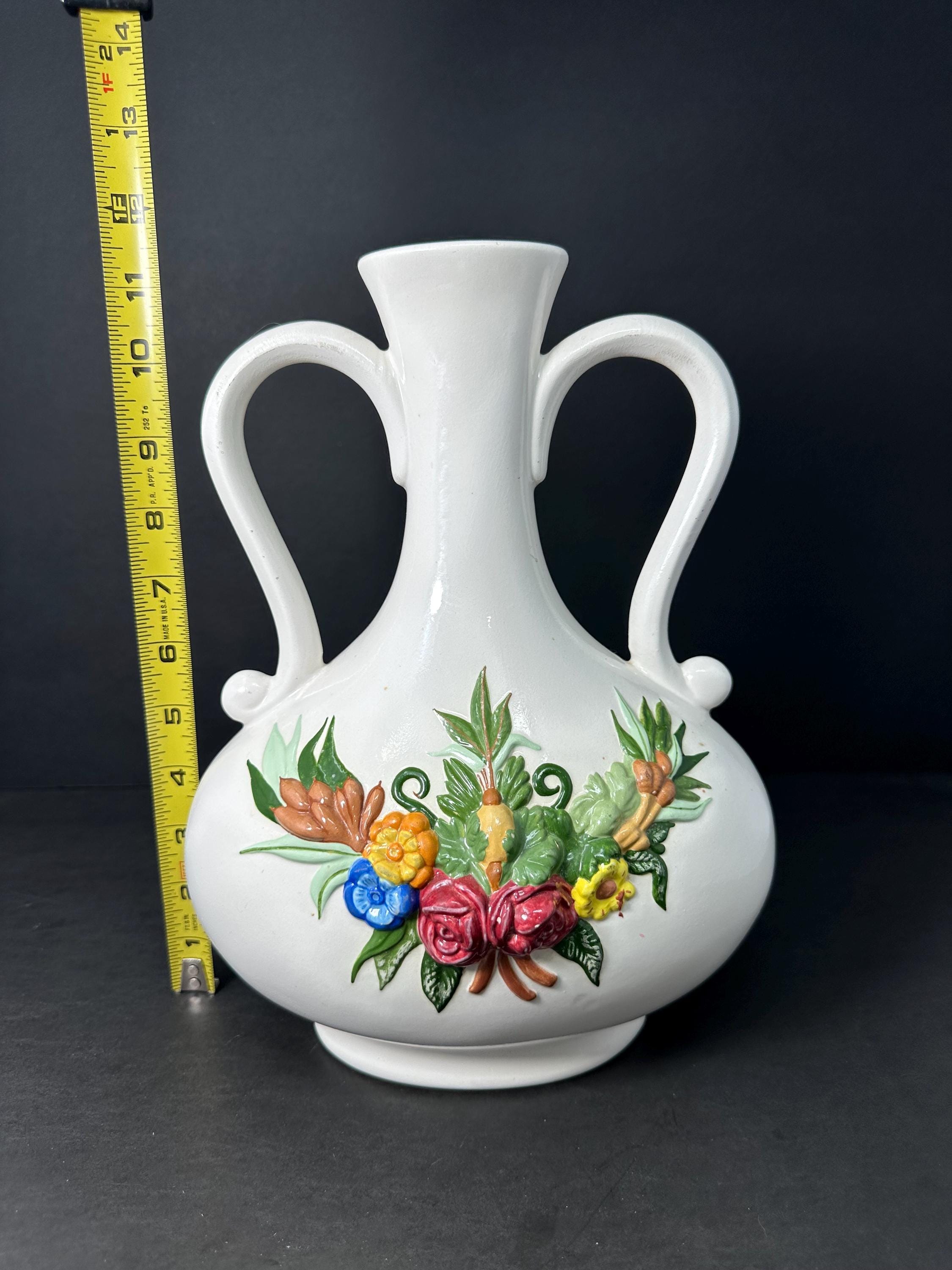 手作り陶器花瓶 ヴィンテージ 1980 手作り陶器花瓶、ダブルハンドルと手描きの花の