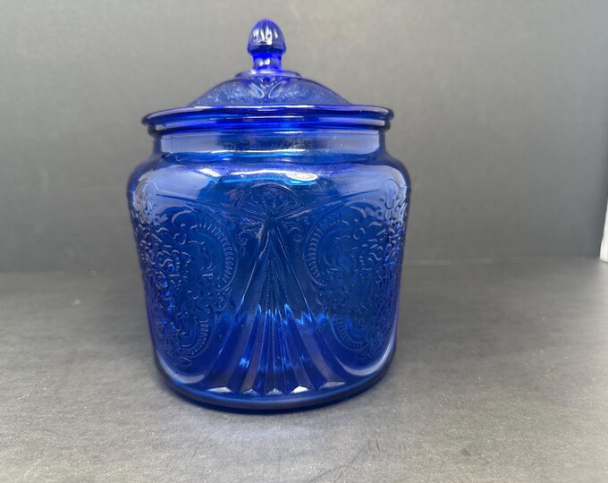 Royal Blue Ritz Rare Hazel Atlas Royal Lace Cookie Jar With Lid in Stunning Cobalt Blue ...