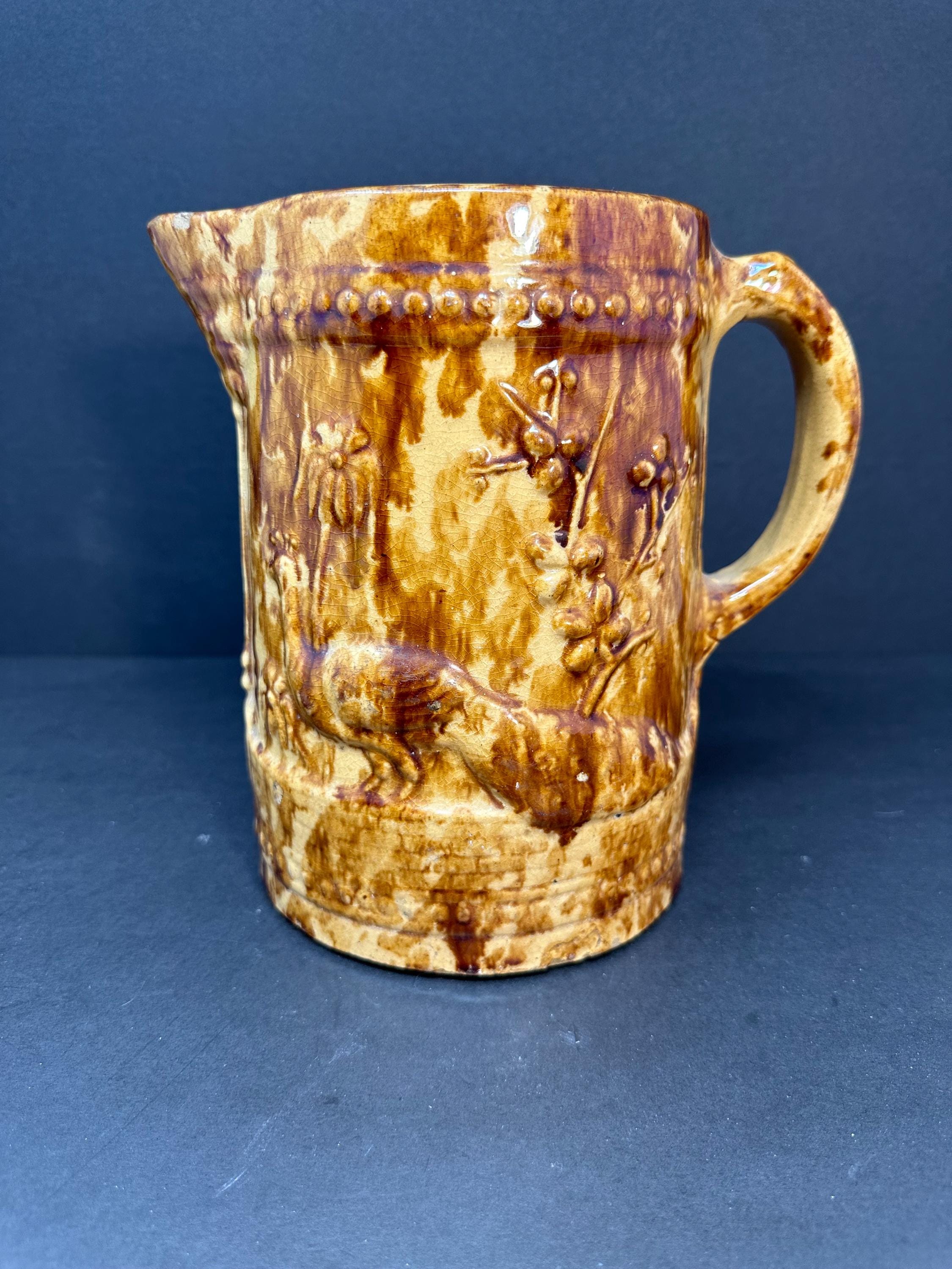 Antique Bennington Pottery Pitcher With Peacock Design, Rockingham