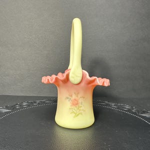 Rare Fenton Mary Walrath Love Bouquet Basket in Burmese Satin Glass UV Reactive Hand-Painted by Diane Gessel Signed by Walrath 7” Vintage