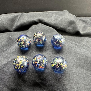 Set of 6 Blue Iridescent Base Confetti Marbles, 16mm, Multi-Colored Vintage Marbles