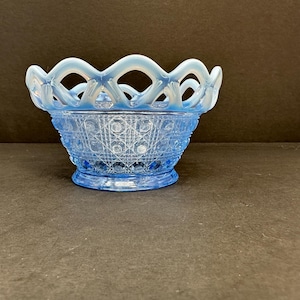 Vintage Imperial Glass Katy Blue Bowl - 5” Open Lace Edge, Pressed Glass Dish, 3” Tall, Collectible Imperial Glassware