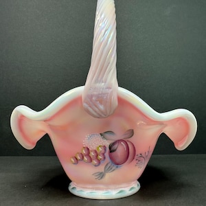 Rare Limited Edition Fenton Art Glass Basket, 8” Pink Iridescent Hand-Painted by J. Powell, Signed by Lynn Fenton, Excellent Condition
