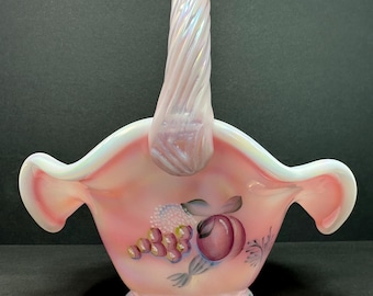 バスケット ヴィンテージ ピンクガラス フェントン リップルリム 装飾