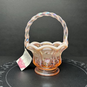 Fenton Pink Champagne Opalescent Iridescent Glass Basket Signed by Shelly Hopkins with Frank Fenton Facsimile Signature - Twisted Handle