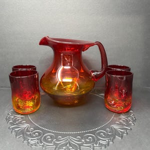 Vintage Blenko 668L Tangerine Crackle Glass Pitcher with 418S Matching Tumblers – 5-Piece Mid Century Glass Set – UV Reactive Hand-Blown