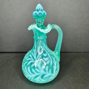 Fenton Persian Blue Opalescent Cruet with King’s Crown Stopper – Fern Pattern – 7” Tall – Vintage Glass – Excellent Condition