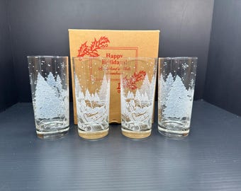 1995 Avon “Through the Woods” Holiday Highball Glasses - Set of 4 Winter Tumblers | Original Box