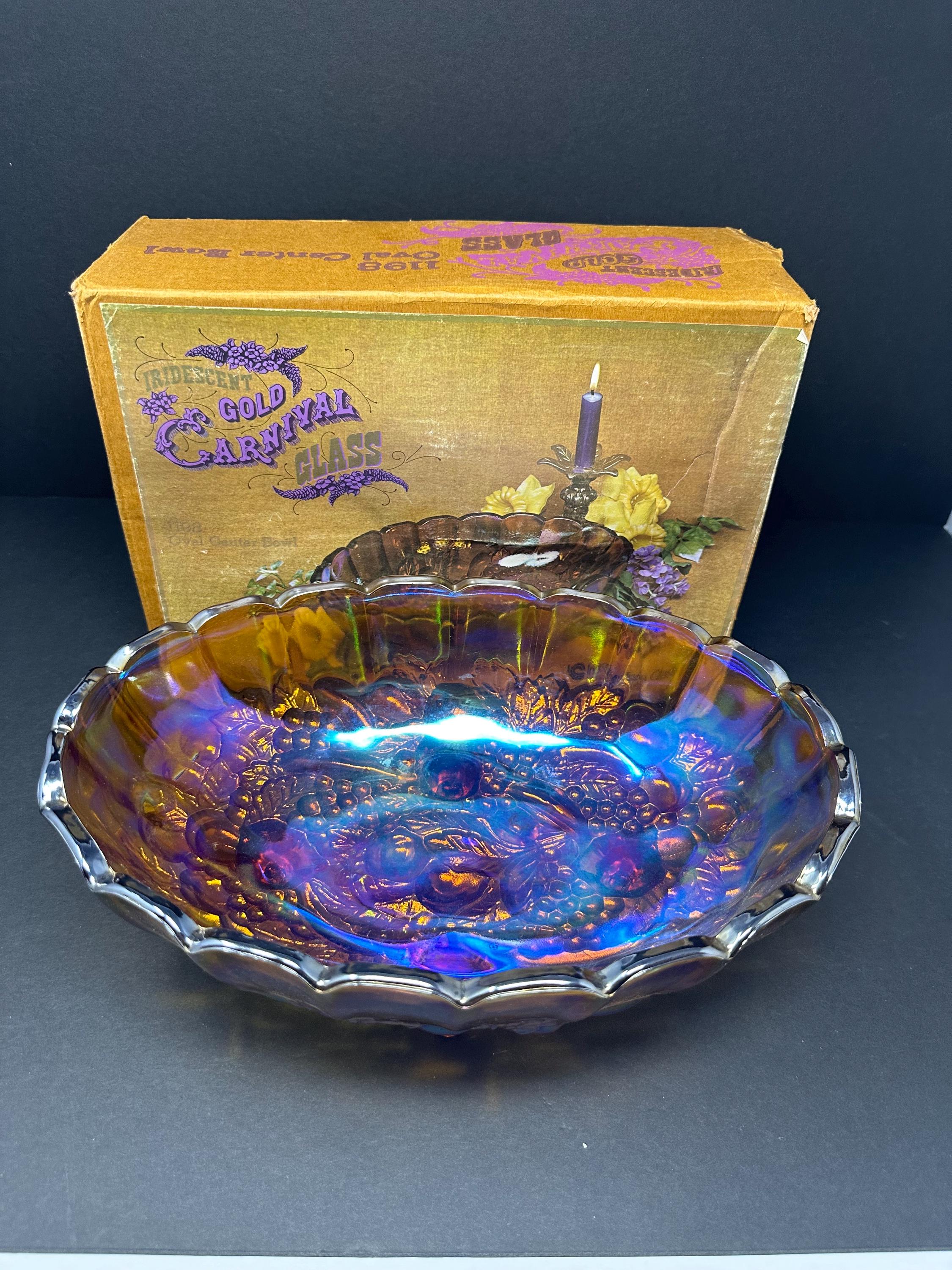 Vintage Indiana Glass Carnival Fruit Bowl - Iridescent 12” Footed Serving Dish with Original Box