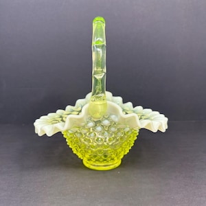 Rare Vintage Fenton Topaz Opalescent Basket – 7.5” Tall, 7” Diameter, Vaseline Handle – Glows Brightly Under UV Light, Suspected 1940s Unmkd