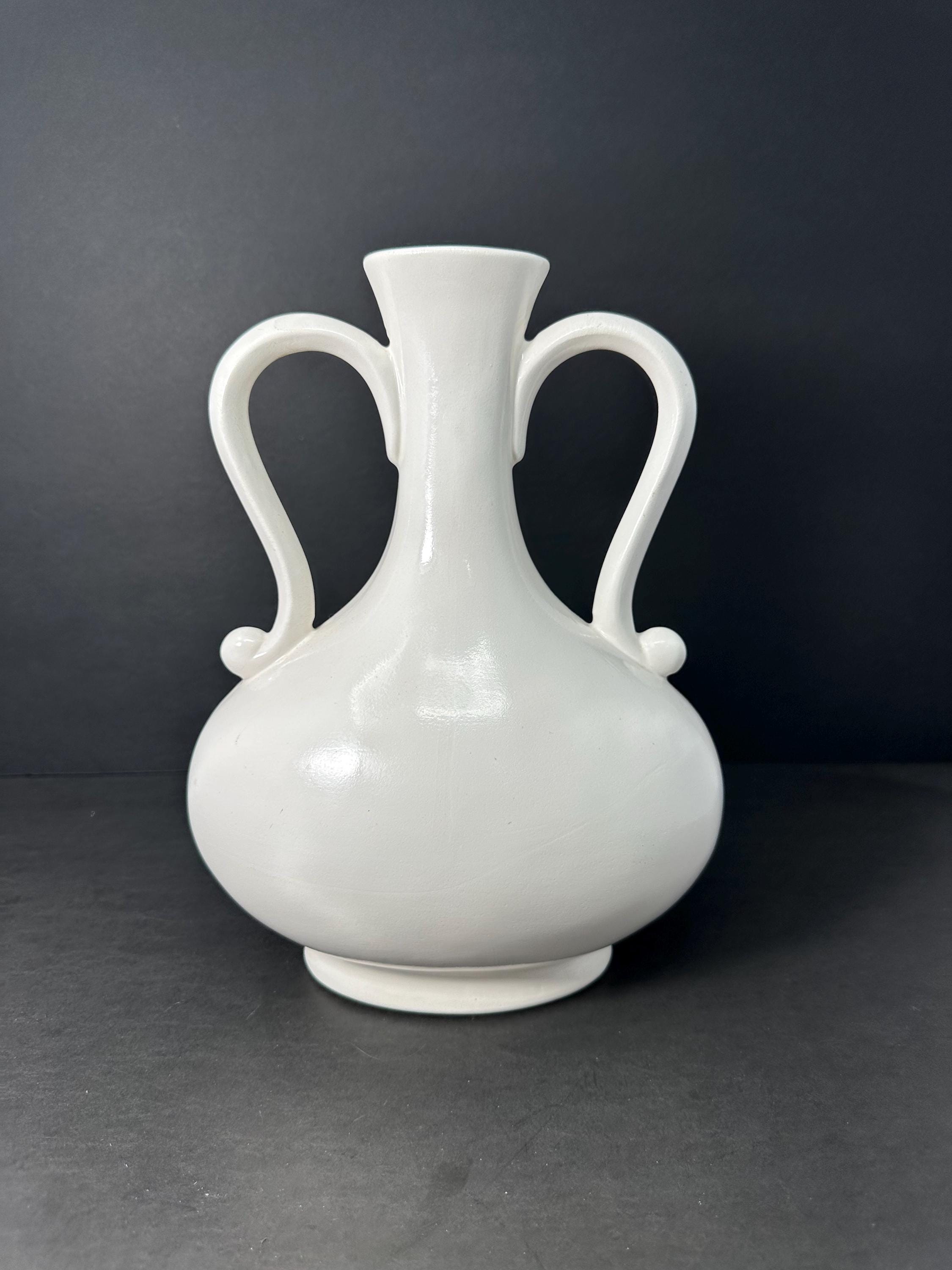 手作り陶器花瓶 ヴィンテージ 1980 手作り陶器花瓶、ダブルハンドルと手描きの花の