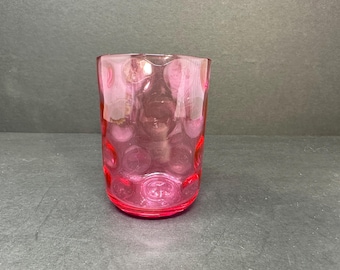 Vintage Cranberry Glass Tumbler with Polka Dot Design, 3.75” Tall Rounded Bottom Glass, Mid-Century Retro Barware