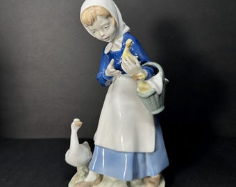 Rare Carl Scheidig Grafenthal German Porcelain Figurine - 10.5” Shepherdess Girl with Ducks and Basket - Glossy Finish Vintage Collectible