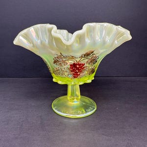 Incredibly Rare Westmoreland Iridized Opalescent Vaseline Glass Grape Footed Bowl, Signed Levay 1 of 2, Stunning Collectible Treasure