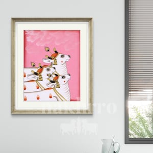 Pink Background Pichwai Art – Hand-Painted Kamdhenu Cow Trio – Original Indian Wall Decor