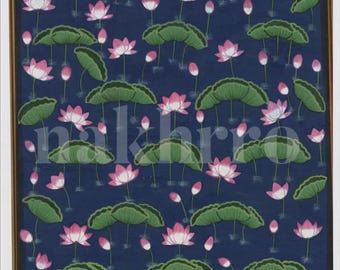 May include: An artistic painting of a pond scene with pink lotus flowers, green lily pads, and white birds against a dark blue background. The artwork is framed in a gold-colored border.