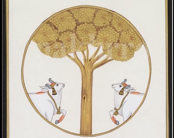 Kamdhenu Cow Tree of Life Pichwai Art Print – Indian Krishna Wall Decor