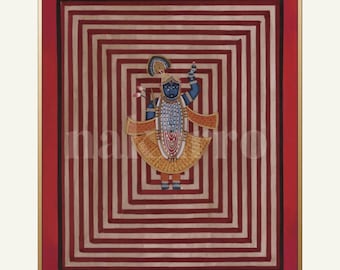 Geometric Shreenathji Pichwai Print – Archival Museum-Grade Krishna Wall Art | Red & Beige Indian Art Print | Nakhrro Home