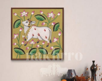 手作りの牛のピチワイ絵画、伝統的なインドの壁画、9.5x11 - Etsy 日本