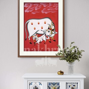 Red Kamdhenu Pichwai – Hand-Painted Cow with Calf – Indian Folk Art for Home