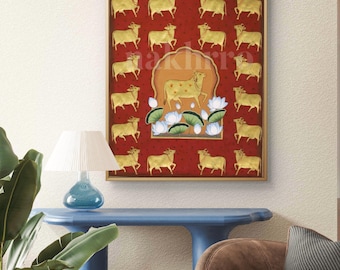 Kamdhenu Cow Pichwai Print: Indian Gold Cows & Lotus Wall Art