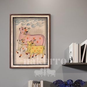 Pink & Yellow Cow Pichwai – Hand-Painted Kamdhenu Trio on Beige – Indian Sacred Wall Art (Original)