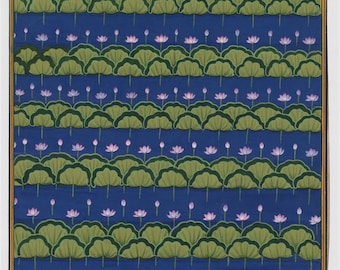 May include: A detailed painting featuring a repeating pattern of green lily pads and pink lotus flowers against a deep blue background. The artwork has a traditional style, with a gold border.