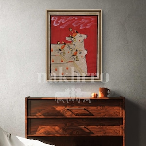 Red Background Pichwai Art – Hand-Painted Kamdhenu Cow Trio – Original Indian Wall Decor