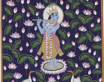 Krishna Lotus Pond Art Print | Pichwai-Style Hindu Artwork