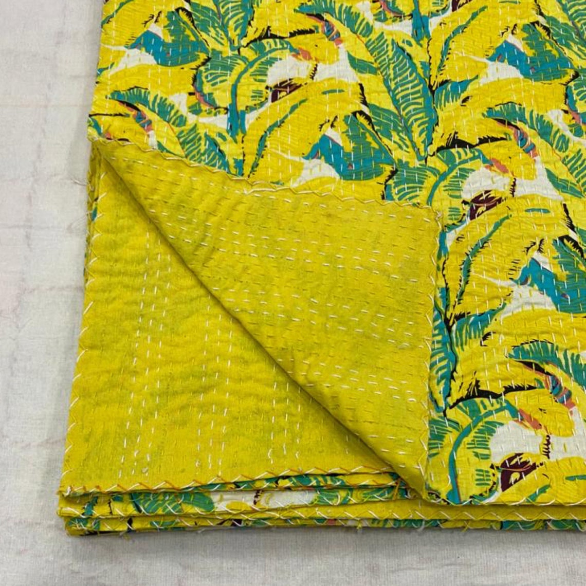 Yellow Tropical Banana Leaf Kantha Quilt Queen Pure Cotton Etsy