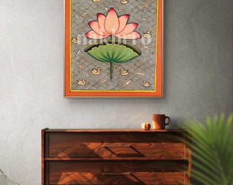 Peach Pink Lotus Pichwai Print: Indian Floral Wall Art
