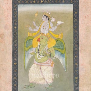 May include: A painting depicting a four-armed deity with light blue skin, wearing a golden crown and yellow garments, riding on the shoulders of a green, winged, bird-like creature with a red beak, all framed by a dark, ornate floral border.