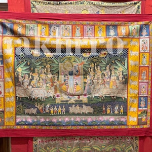 Shrinath ji maharaas pichwai with 24 swaroops border hand painted On Cloth Hindu Religious Wall Indian Art Painting Interior Antique Finish