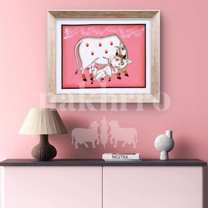 Kamdhenu Cow and Calf – Hand-Painted Pichwai Art on Cloth – Original Indian Miniature for Spiritual or Nursery Decor