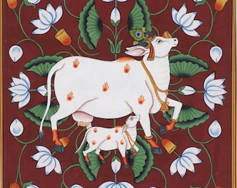 Kamdhenu Cow Pichwai Art Print | Indian Spiritual Wall Decor