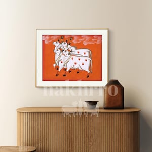 Orange Pichwai Cow Painting – Hand-Painted Kamdhenu Quartet – Indian Art Decor