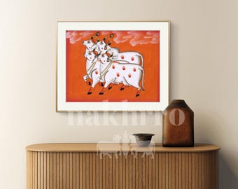 Pintura de vaca Pichwai naranja – Cuarteto Kamdhenu pintado a mano – Decoración de arte indio