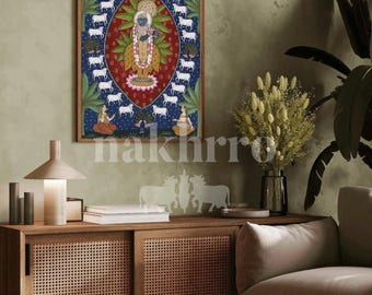 Blue & Red Krishna Pichwai Print – Museum-Grade Indian Wall Art | Archival Canvas or Matte Paper | Cow Motif Art Print | Nakhrro Home
